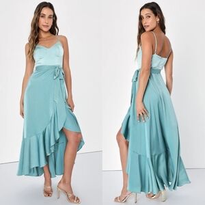 Lulus Double Darling Sage Green Color Block Satin Ruffled Maxi Dress Wedding